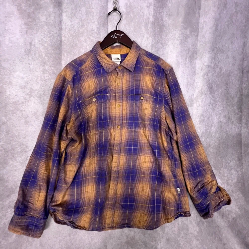 The‎ North Face Plaid Button Up Mens XL Purple Tan Excellent Long Sleeve Pockets